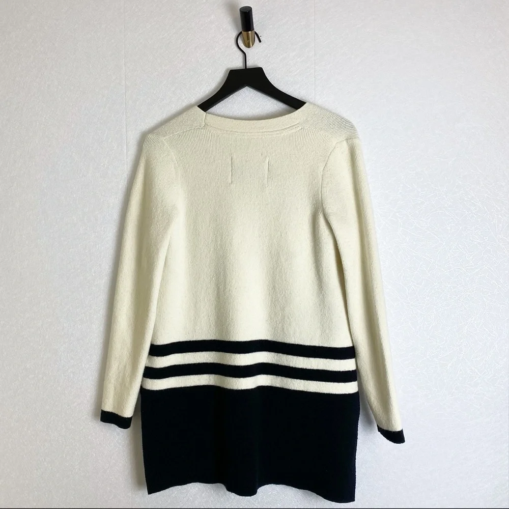 Anthro Angel of the North Varsity Cream Navy Wool Cotton Blend Stripe Cardigan